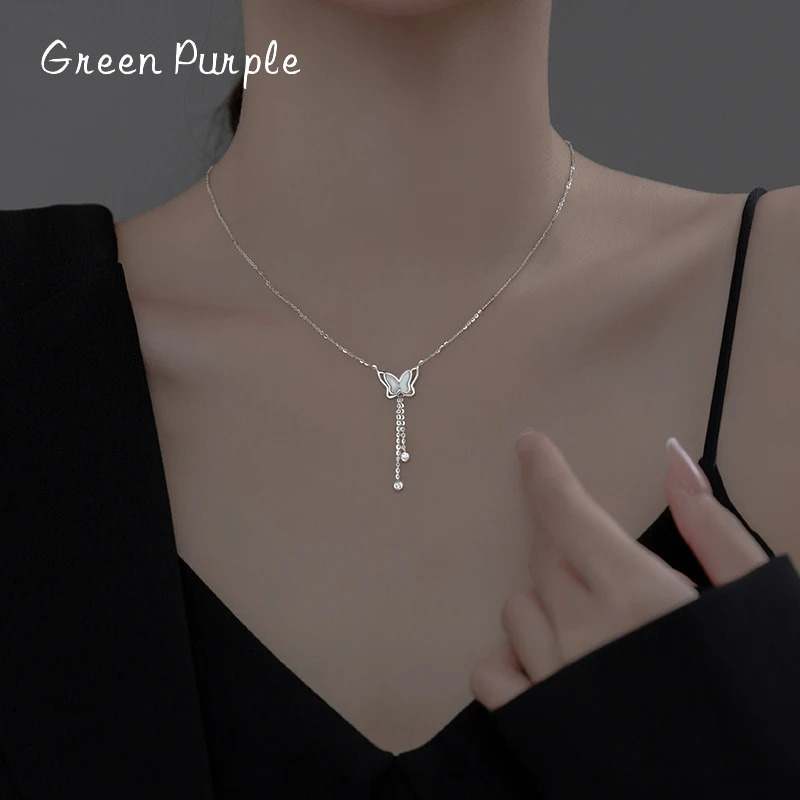 

GREEN PURPLE Genuine 925 Sterling Silver Butterfly Tassel Necklace Pendant For Women Wedding Gifts Fine Jewelry Accessories