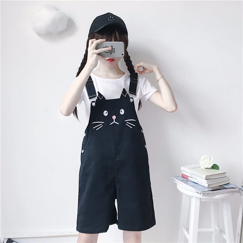 Летние новые женские шорты на подтяжках милые с вышивкой в виде кота Свободные