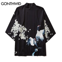 gonthwid japanese girls cherry blossoms print kimono cardigan jackets streetwear hip hop casual open front coats shirts tops men