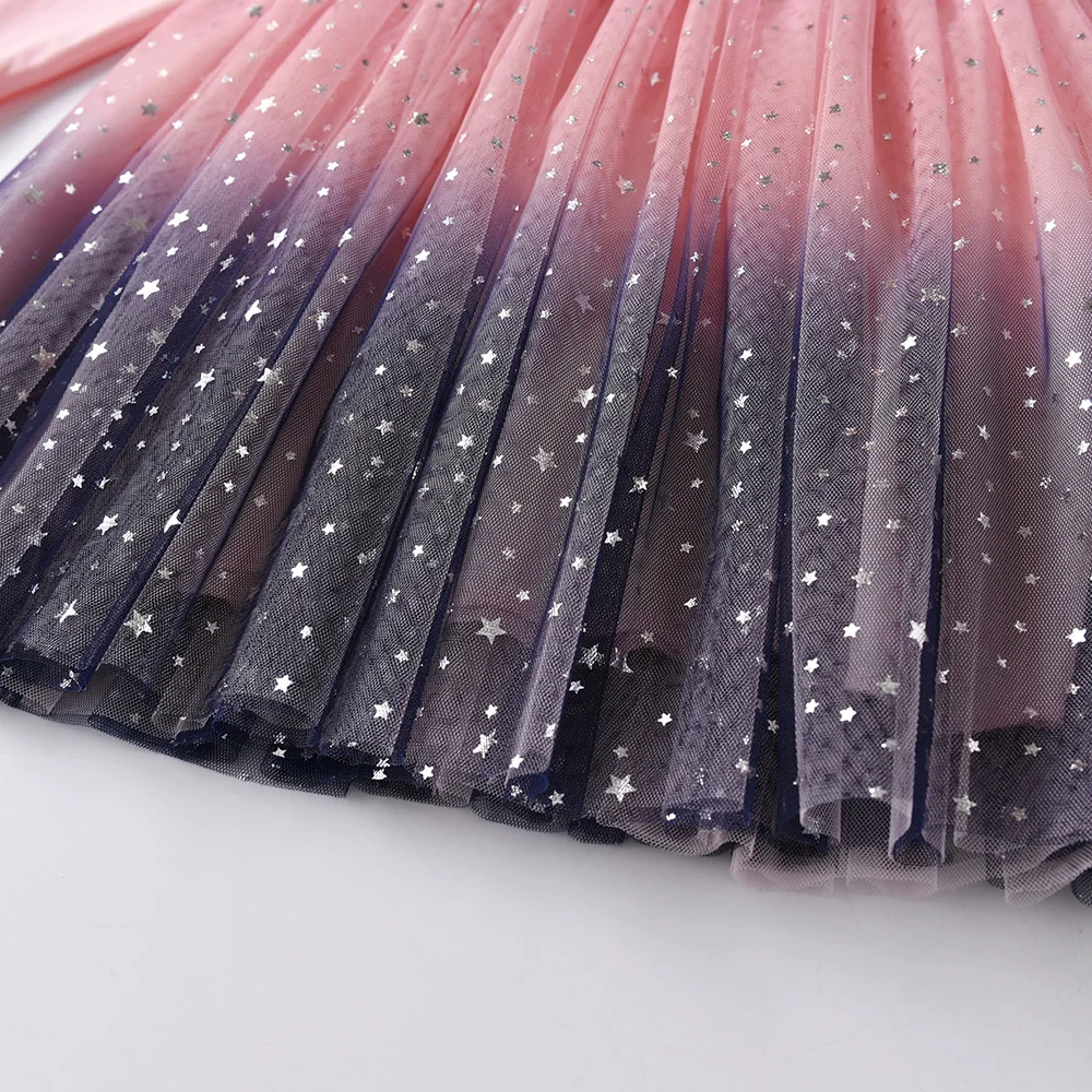 VIKITA Girl Autumn Winter Dress Kids Gradient Long Sleeve Princess Mesh Tulle Unicorn Rabbit Cartoon Elegant Dresses | Детская одежда и