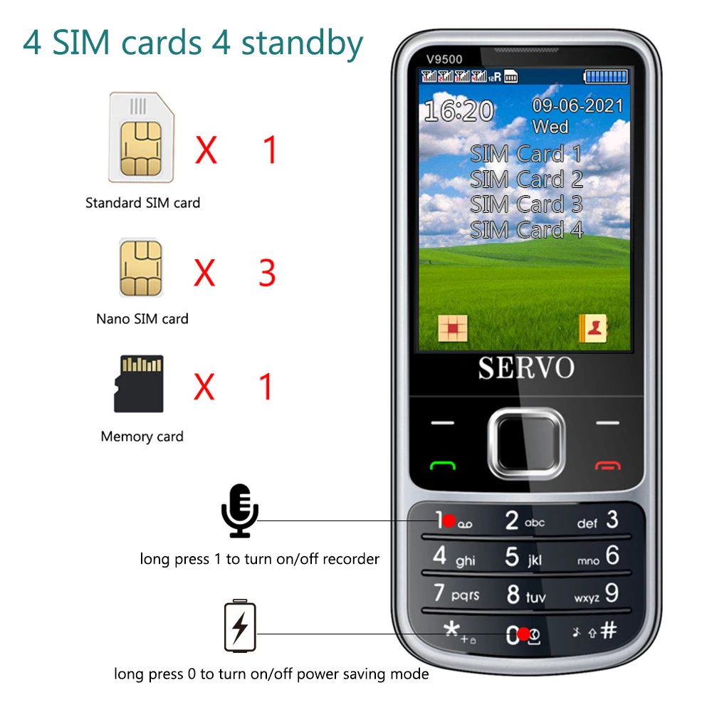 4 SIM-карты режима ожидания SERVO V9500 сотовый телефон скорость набора номера один ключ
