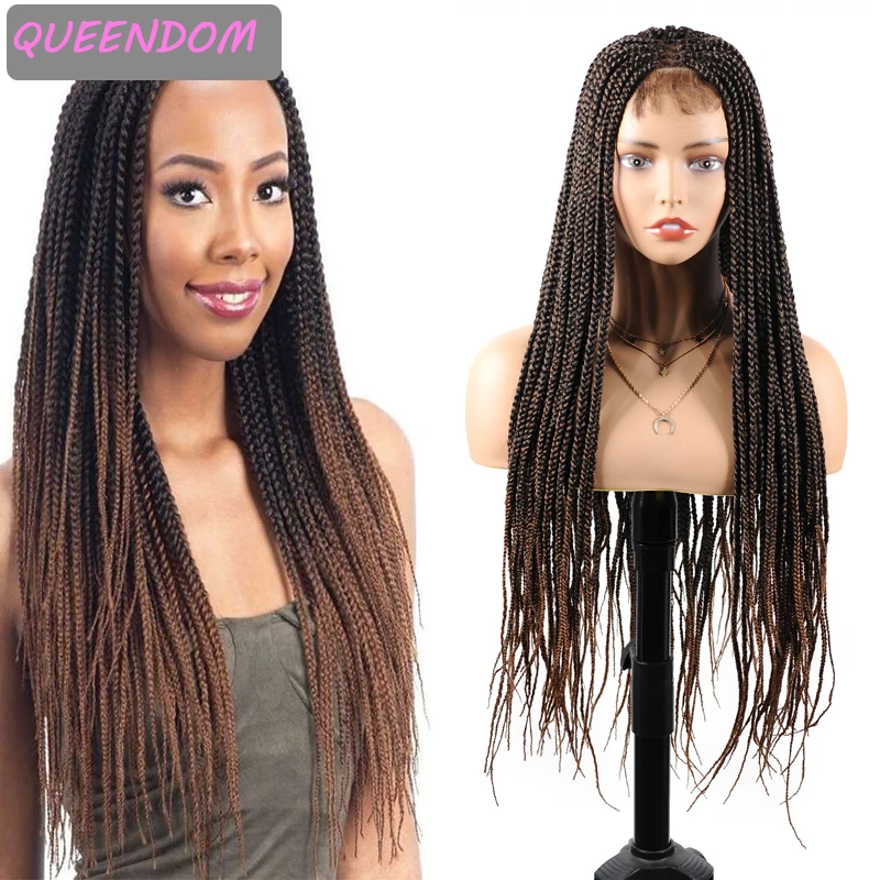 30Inch Long Braid Wigs for Women Ombre Synthetic Hair Lace Front Wigs with Baby Hair Heat Resistant Box Braided Cosplay Lace Wig