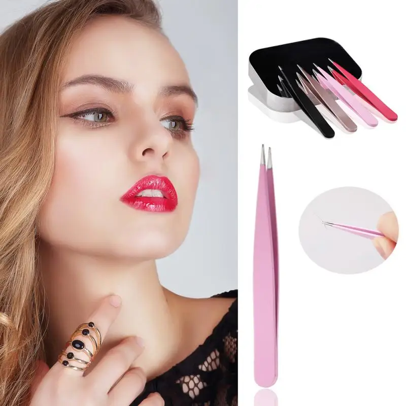 

1/2PCS Hair Removal Tweezers Stainless Steel Eyebrow Tweezers 4 Colors Slanted Black Tip Point Face Harmless Makeup Beauty Tools