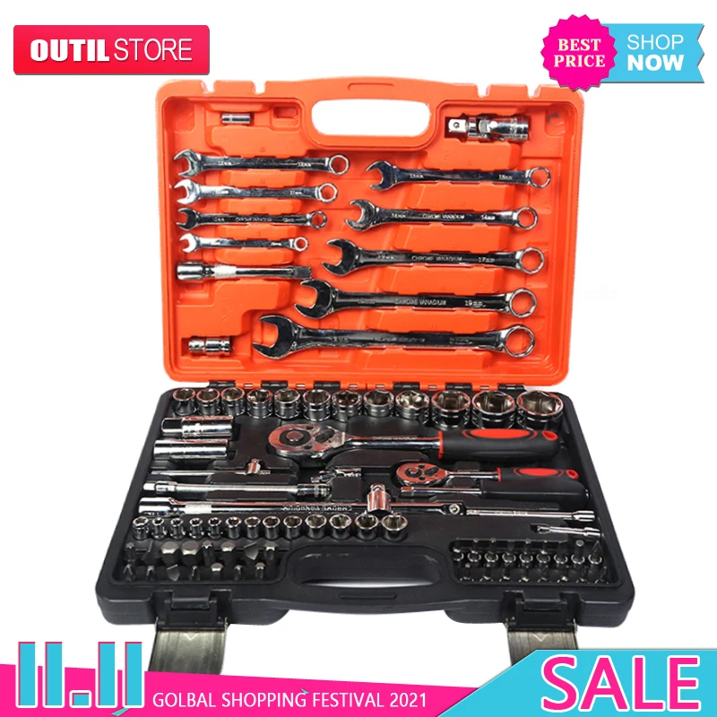 

82pcs Ratchet Torque Universal Wrench 1/2 Auto Repair Hand Tools Set With Box For Car Kit Keys Spanners Home Household Toolbox