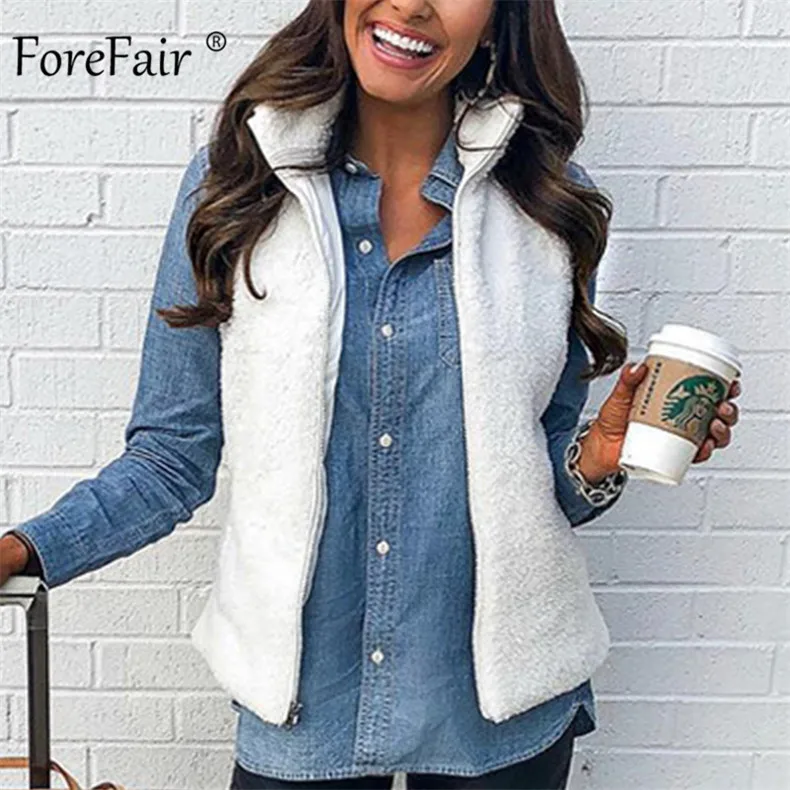 Forefair Повседневный тонкий флисовый жилет для женщин осень куртка Женская мода размера плюс однотонный элегантный хаки белый плюшевый мех пальто - Цвет: White Vest