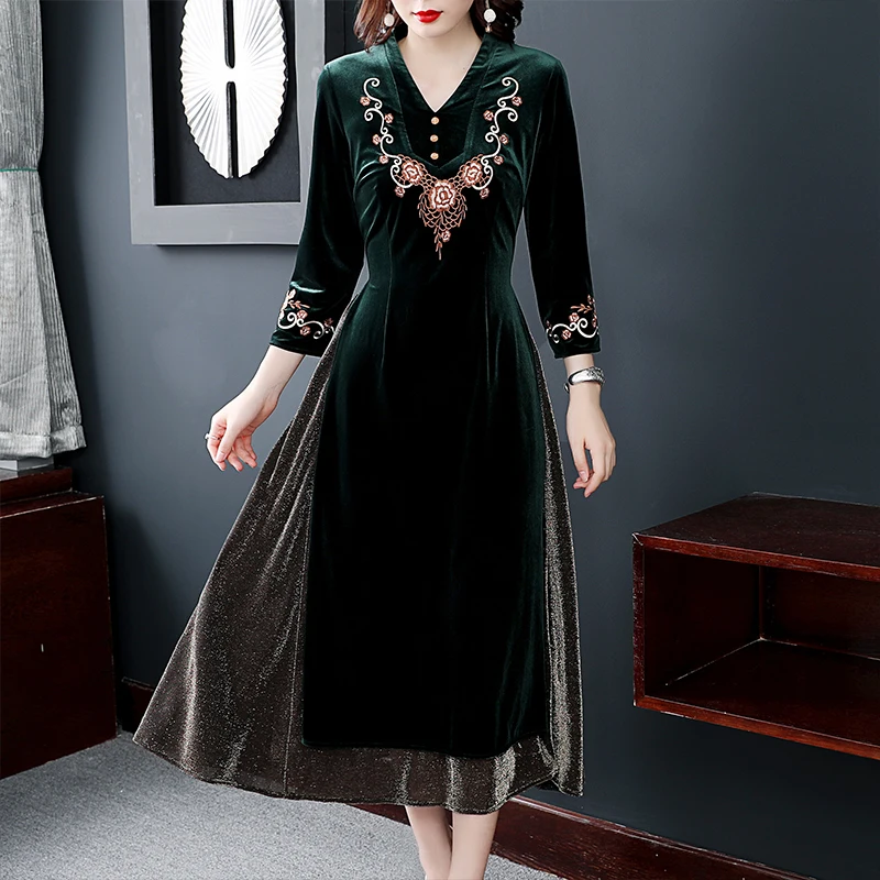 2019 Fall Spring Chinese Womens Green Black Patchwork Embroidery Velour Cheongsam Long Dress Women Slim 3xl Velvet Dresses | Женская