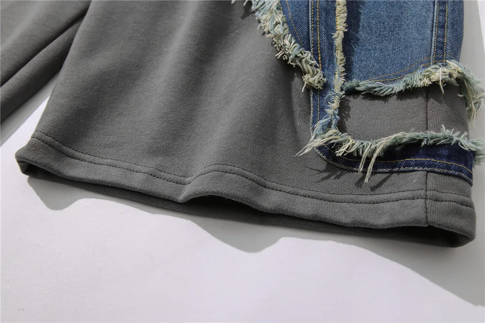 

New Men's Streetwear Hip Hop Vintage Denim Splice Loose Casual Shorts Oversize Male Straight Short Jeans Pants