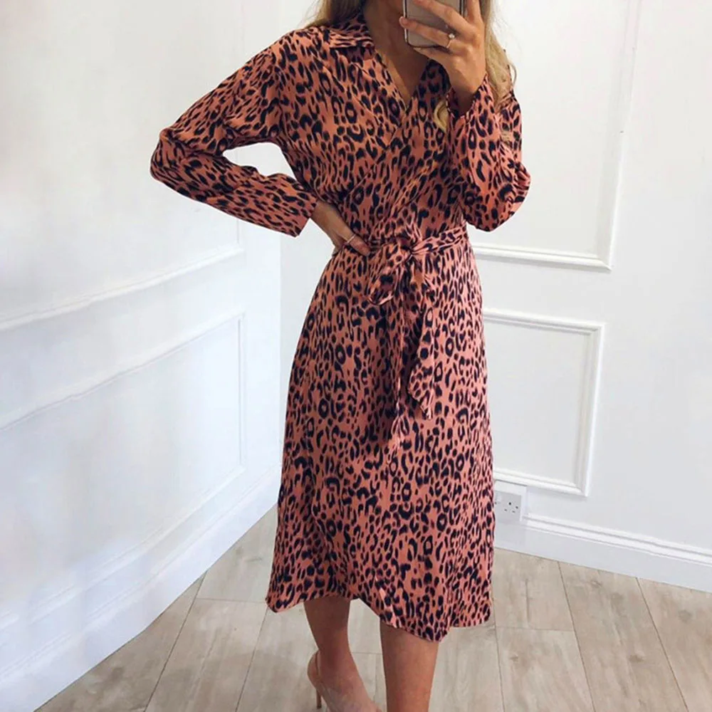 Женское платье с леопардовым принтом размера плюс Осеннее Модное шифоновое