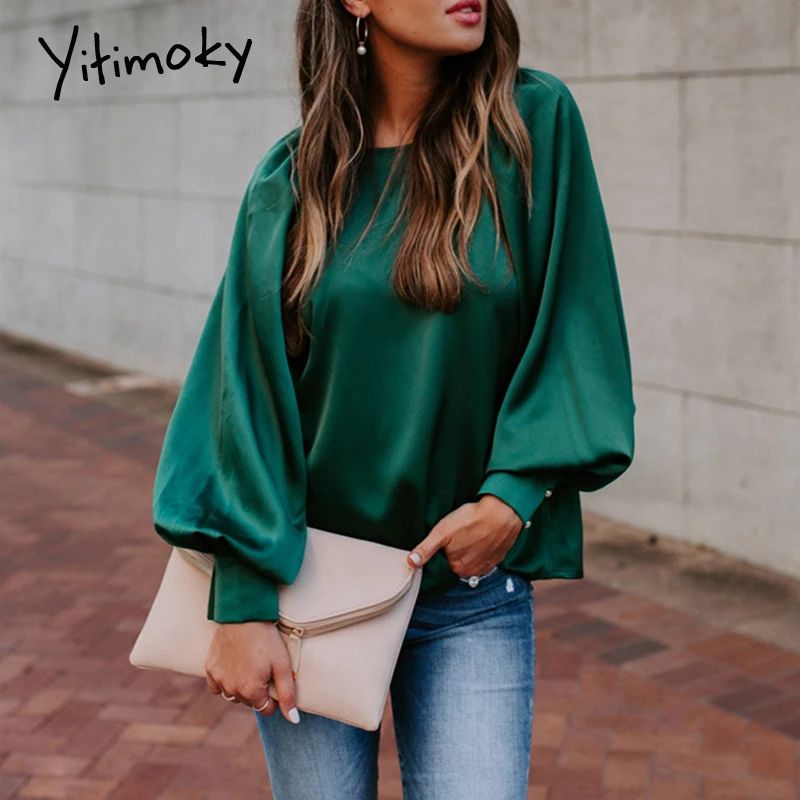 Зеленые атласные элегантные блузки женские рубашки с длинным рукавом