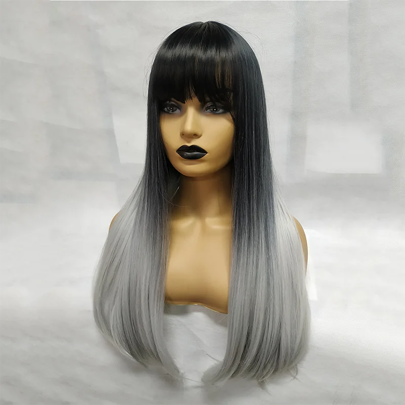 Длинные прямые синтетические парики с челкой Омбре коричневые зеленые