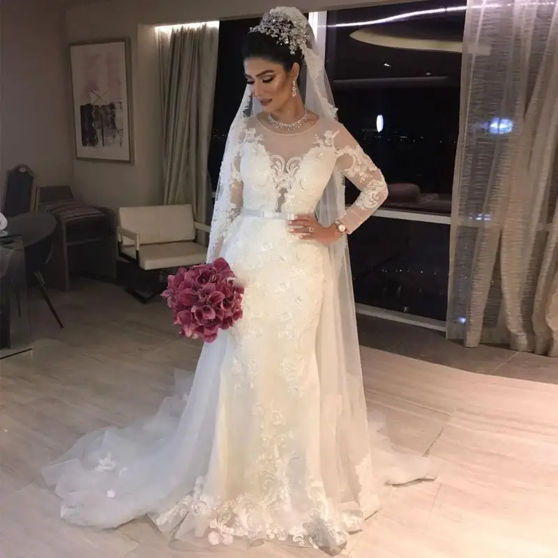 

Sexy Mermaid Crystal Wedding Dresses Long Sleeve Women Party Dresses Bridal Gowns Beaded Lace Applique vestidos de noche wedding