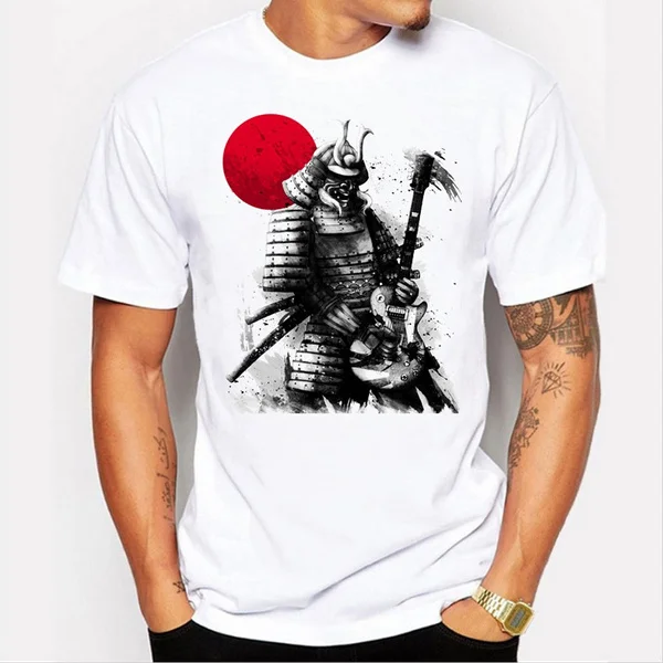

Fashion T Shirts 2017 Summer White T-shirts Personality Japanese warrior Play the guitar Tees Tshirts Homme for Men