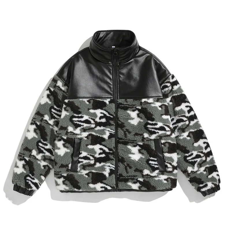 Men's fashion loose lamb-like wool coat plus velvet thick stitching leather imitation lamb wool cotton winter warm jacket