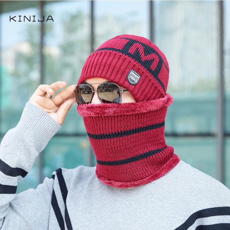 Осенне-зимний Хлопковый вязаный мужской шарф шапка комплект из двух предметов