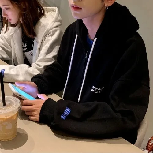 

All-match new fashion lovers male Japanese jacket with a hat and velvet temperament autumn coat trend loose literature