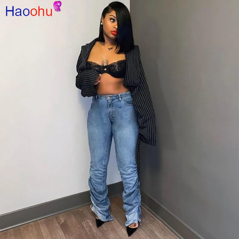 

HAOOHU Stacked Leggings for Women Jeans Stacked Sweatpants Casual Pants Trousers Mid Waist Bell Bottom Flare Pleated Jeans