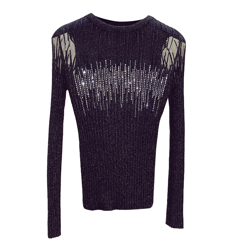 

2020 new autumn slim fashion hot diamond hollowed out thin sweater knitwear with underlay