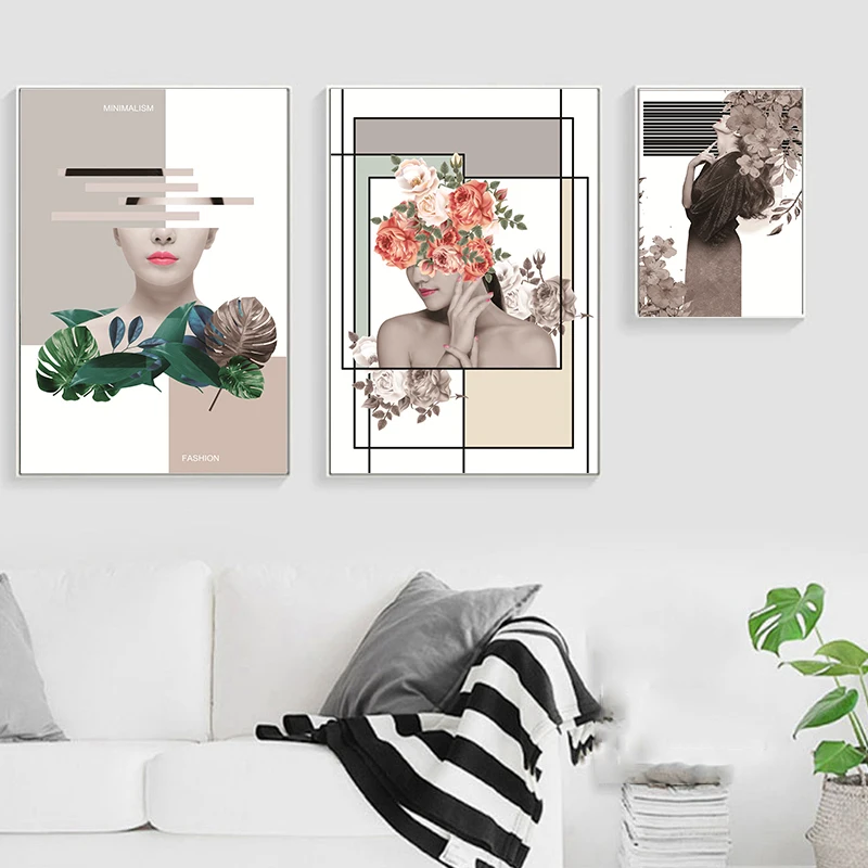 Модная красивая женщина портрет и картины на холсте с цветами настенные плакат