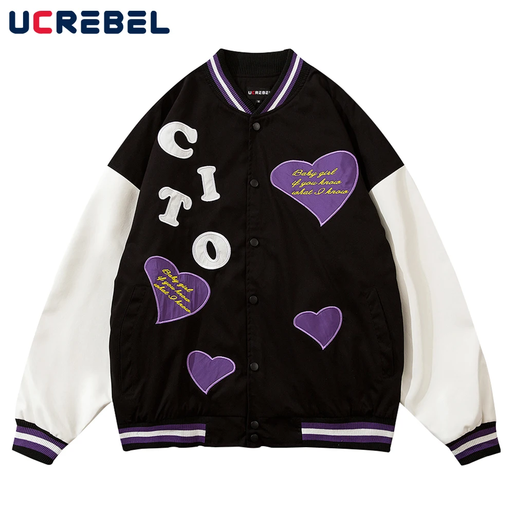 

Мужская осенняя куртка из искусственной кожи, повседневная бейсбольная куртка контрастных цветов с вышитыми сердечками и буквами, свободн...