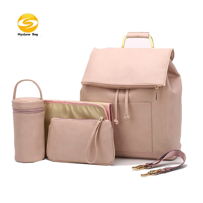 High Grade Brand Fashion PU Leather Diaper Bag 5 Pieces Urine Pad Hooks Double Shoulders Mummy Baby Bag Maternity Backpack