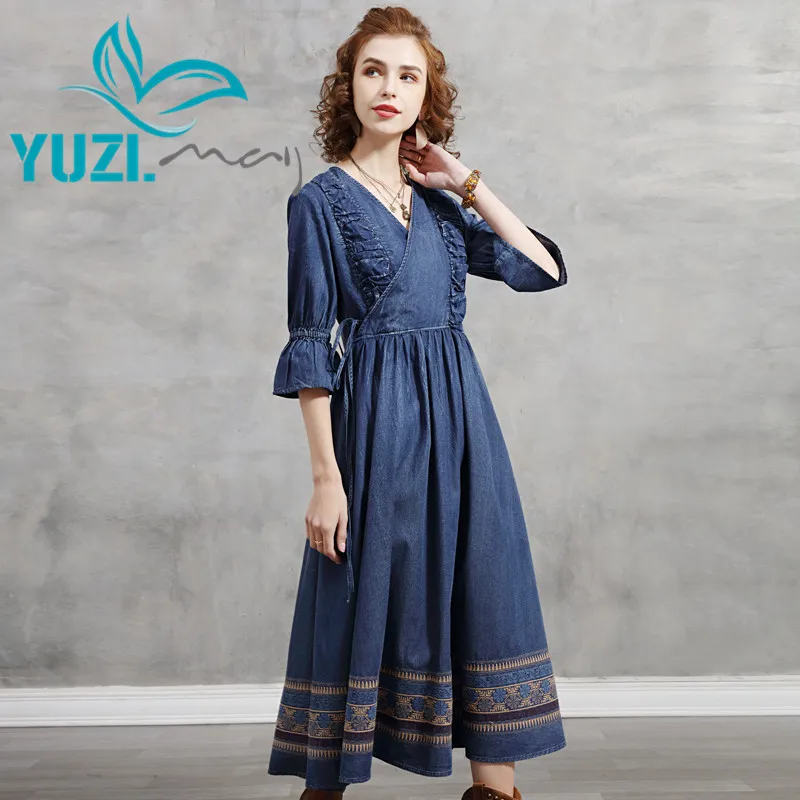 Women's Dresses 2021 Yuzi.may Boho New Denim Summer Dress Flare Sleeve Vintage Embroidery V-Neck Vestidos A82287 Vestido