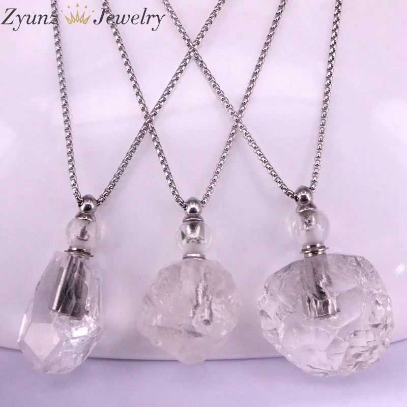 Silver 4 шт., бутылка из камня с эфирным маслом, ожерелье, Прозрачный кристаллический кварц, ожерелье, масляный диффузор, граненый натуральный камень для женщин и мужчин - Окраска металла: Silver