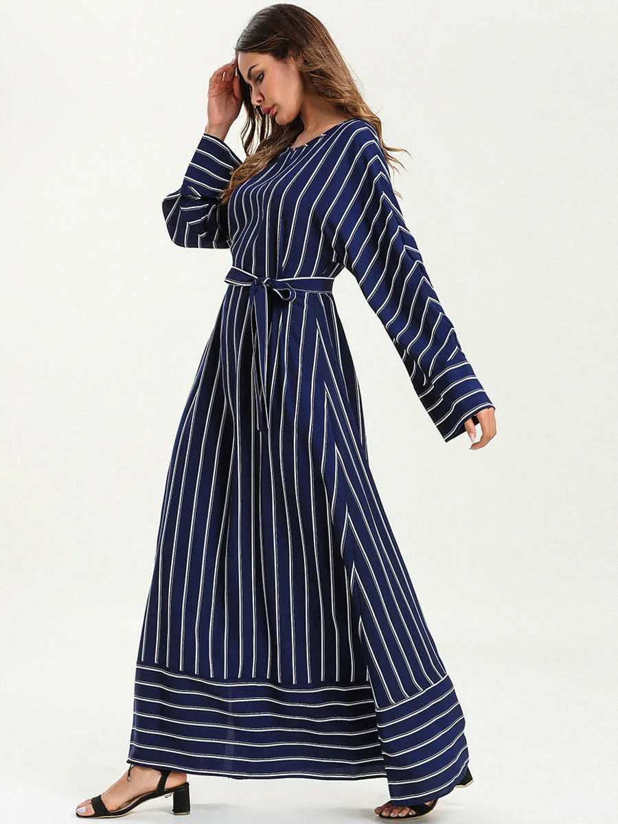 Скромное мусульманское платье с разрезом абайя женский полосатый исламский