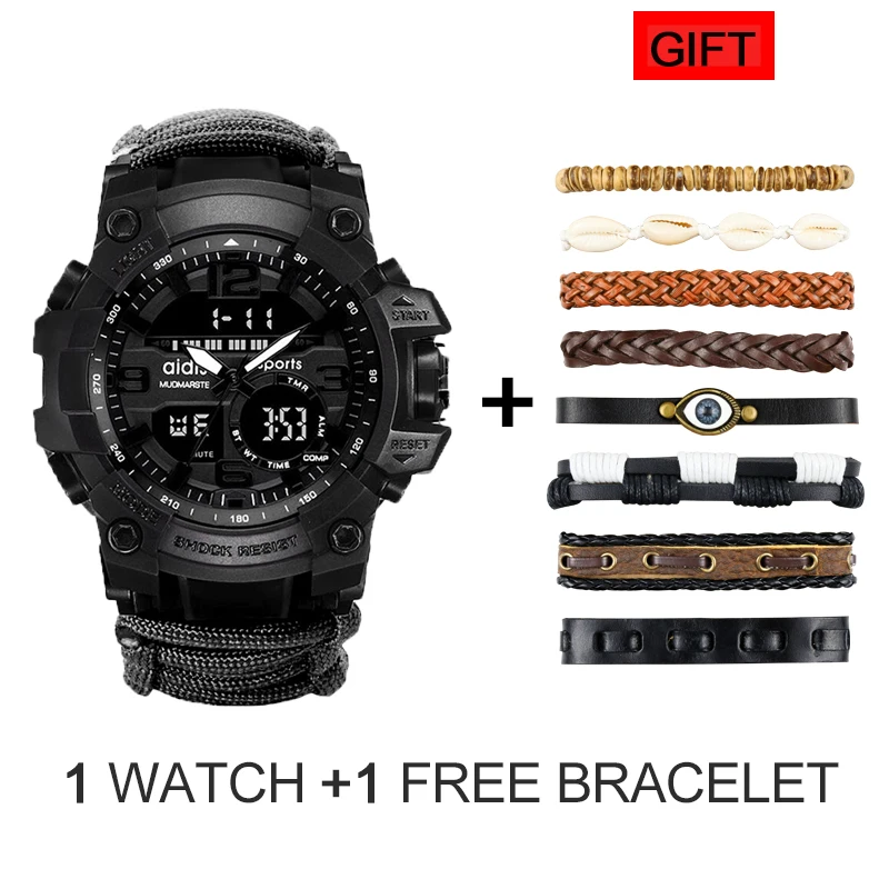 black-free bracelet Светодиодный часы в Военном Стиле с компасом, 30 м, мужские водонепроницаемые спортивные часы, мужские спортивные часы, ударные спортивные часы, электронные наручные часы - Цвет: black-free bracelet