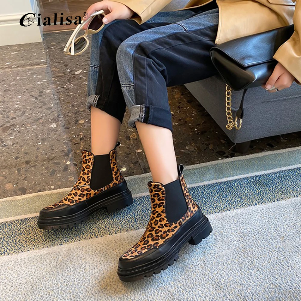 

CIALISA Women Shoes Fashion High Heel Leopard Print Elastic Ankle Boots Square Toe 2020 Handmade Autumn Winter Ladies Boots