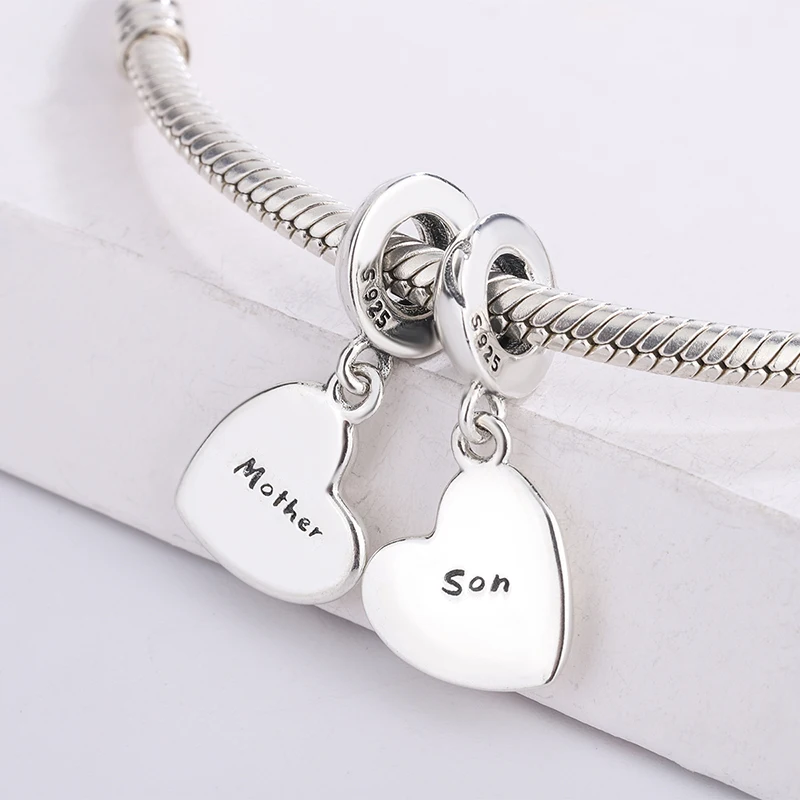 

925 Sterling Silver Double Heart Mother And Son Love Heart Hanging Pendant Charm Bracelet Jewelry Making For Original Pandora