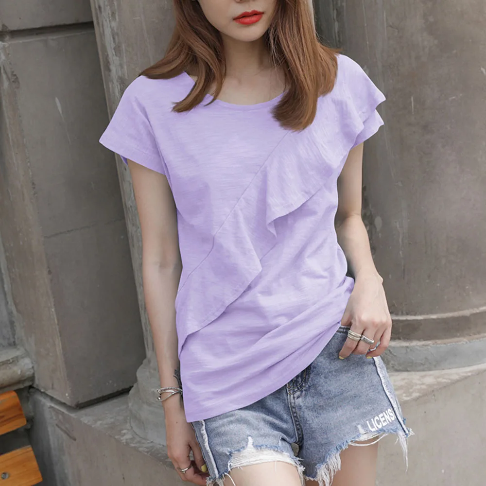 

T-Shirt Plain Multicolored Round Neck Simple Short Sleeve Ladies Fashion Loose Summer Simple Tee Women's Ruffled Cotton Top