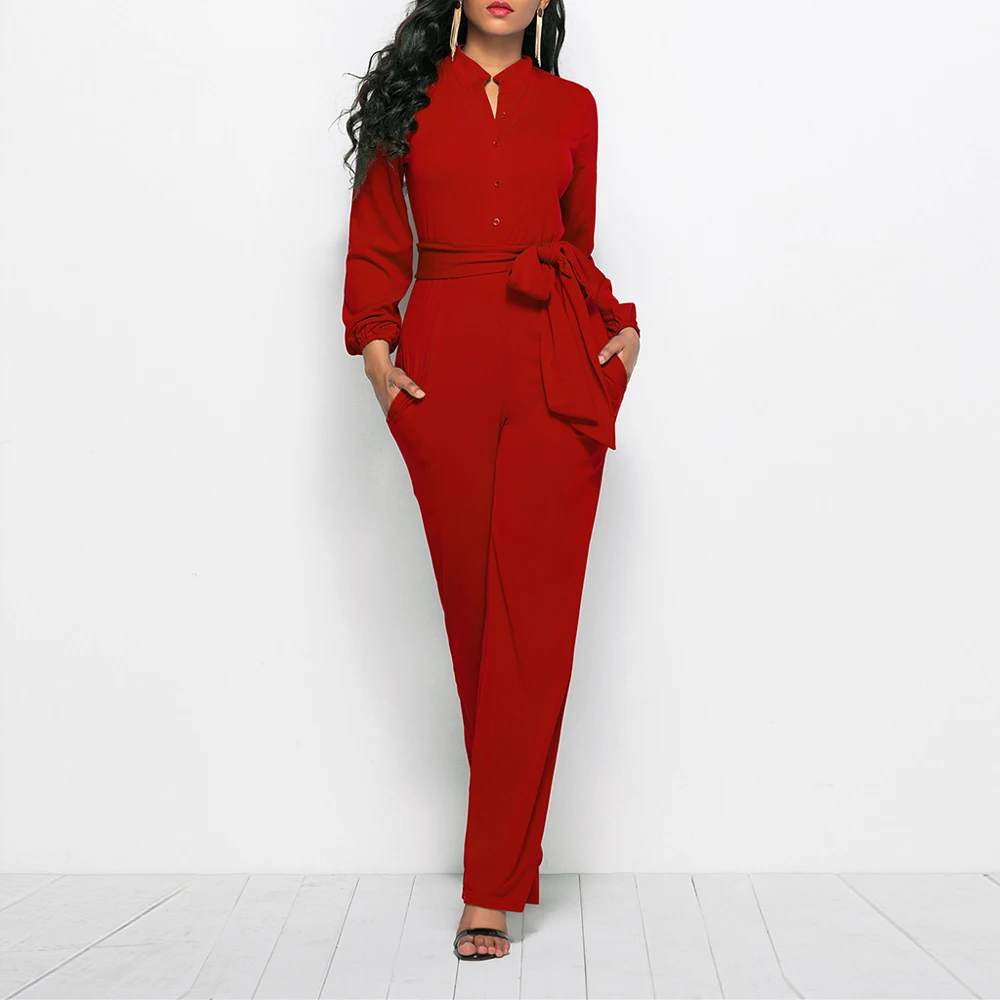 MISSJOY Solid Long Romper Palazzo Pants Women High Waist Wide Leg Pants Lace Up Bodysuit Overall Pantalones комбинезон женский
