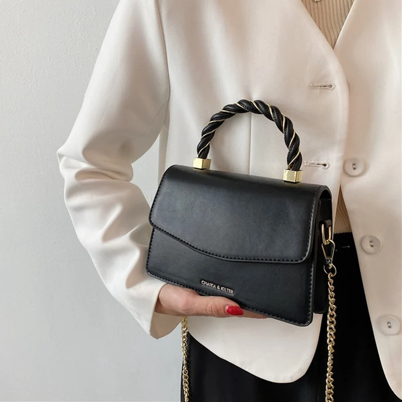 

Twist Handle Fashion Designer Bag for Women Chain Small Handbag Solid PU Crossbody Tote Bag High Quality Women's Shoulder Bags