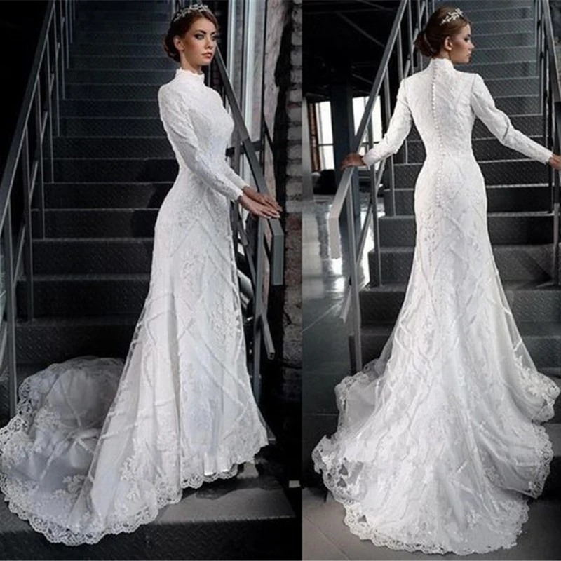 

Subtle High Neck Long Sleeve Sheath Wedding Dresses Lace Muslim Wedding Gowns