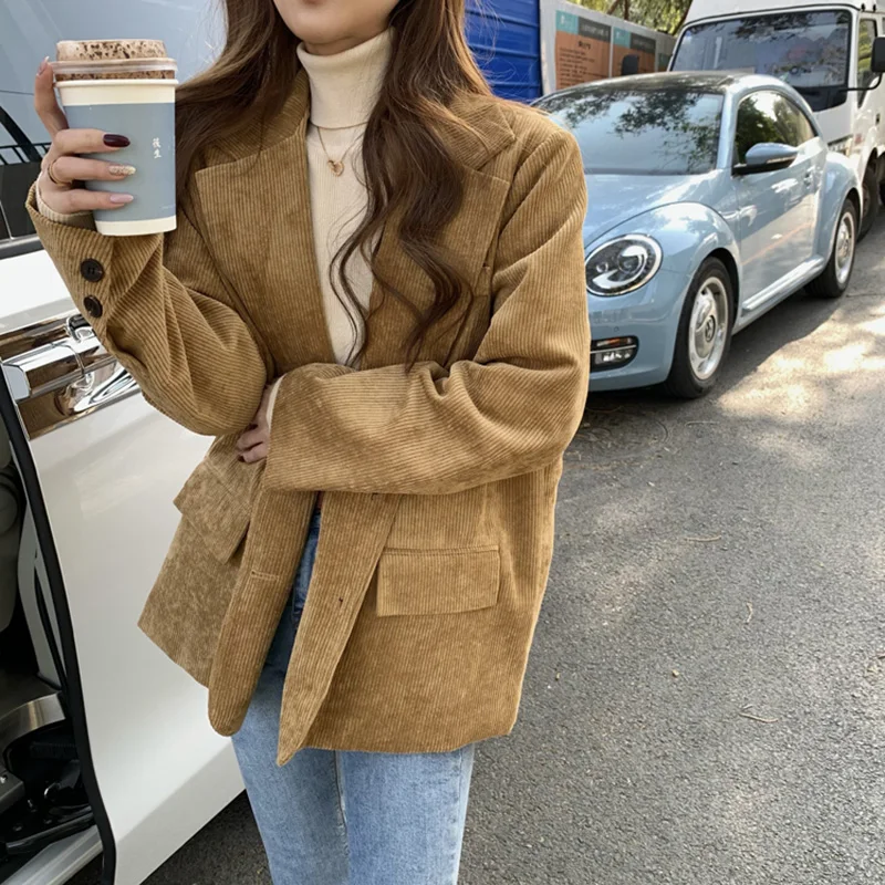 New Corduroy Thick Loose Oversized Blazers Women Autumn Winter Korean Long Sleeved Jacket Single Breasted Black Blazer