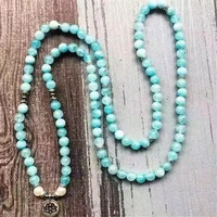 8mm natural blue aquamarine 108 bead lotus pendant bracelet spirituality elegant healing meditation yoga fancy chic cuff