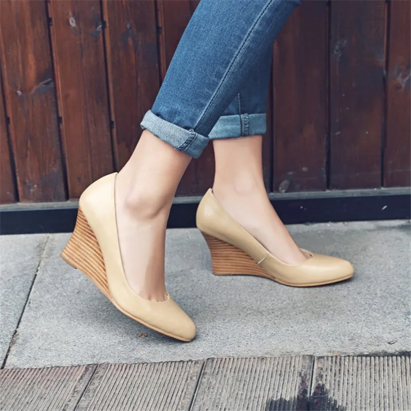 

MORAZORA 2021 New Brand Women Pumps Genuine Leather Party Wedding Shoes Fashion Wedges Round Toe Ladies High Heels Shoes