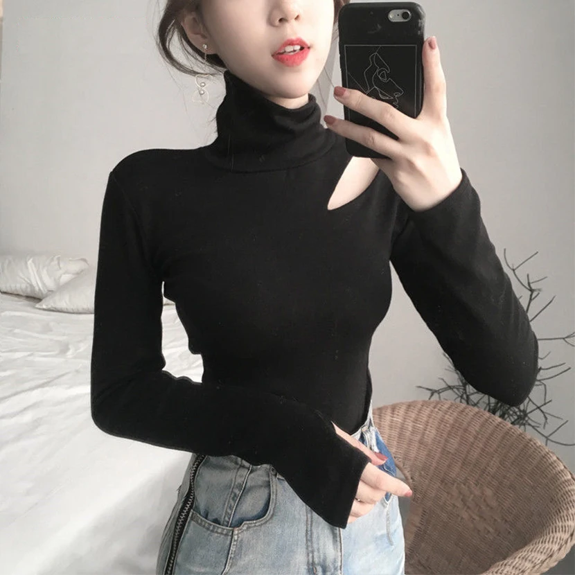 

Autumn Winter New Chic Sexy T Hollowed Out Bottoming Shirt T-shirt Women Tshirt High Neck Off Shoulder Long Sleeve Vogue Tees