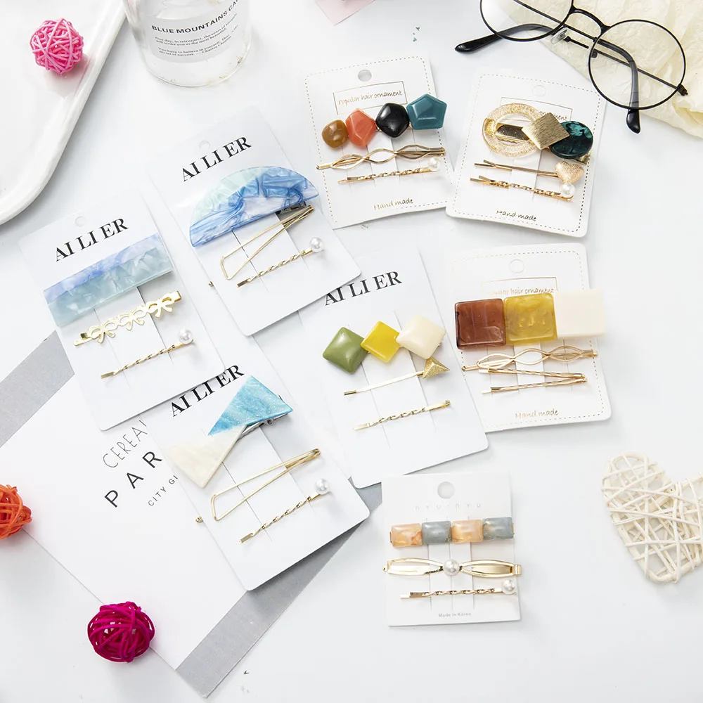 

3pcs Temperament Fashion Acrylic Metal Hair Clip Three-piece Set One Word Clip Broken Hair Side Clip Hair Accessories Female