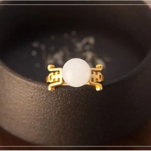 

Hetian Jade White Jade Ring Female Natural S925 Sterling Silver Golden Open-End Chinese Retro National Style Ring Ornament Fem