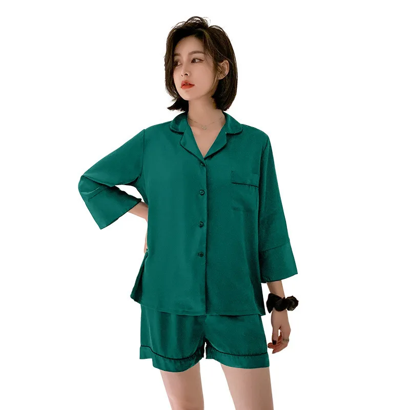 

Fashion New Women Pajamas Satin Silk Short Sleeves + Shorts V-neck Home Clothes Leisure Sleepwear Comfort Pijamas Homewear Green