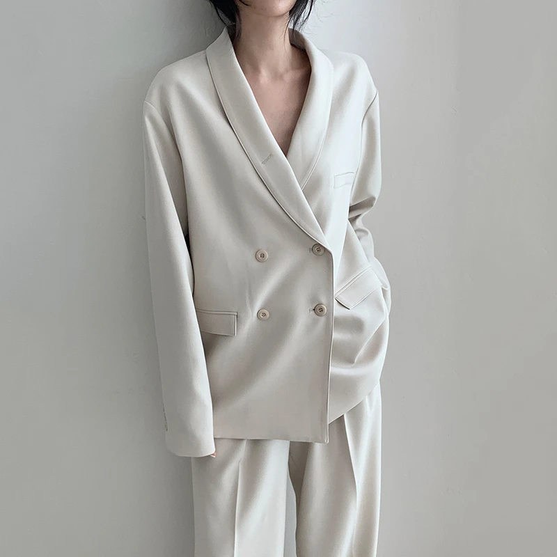 

Clothing Women Newest 2 Piece Suits High Quality Temperament Loose Women Blazer Sets Double-breasted Jacket & Wide Leg Pants