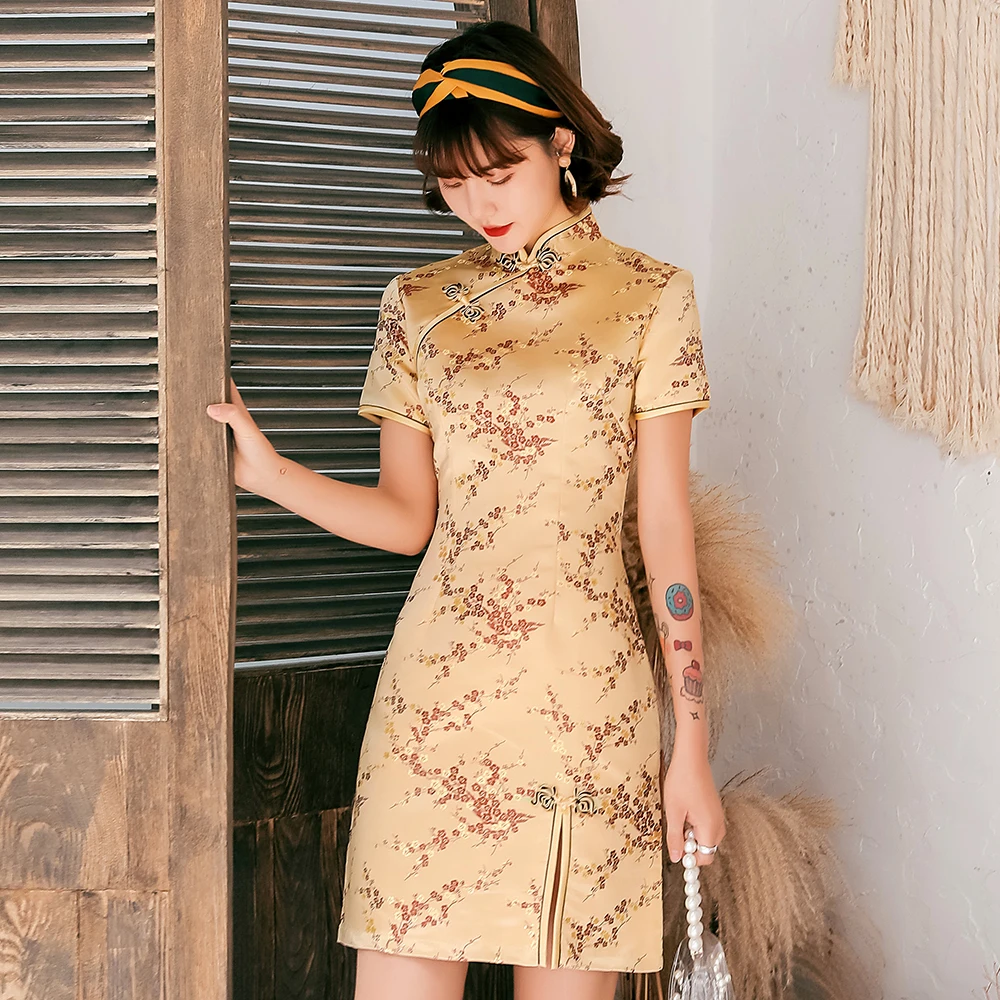 

Female Qipao Mandarin Collar Short Cheongsam Vestidso Gold Flower Novelty Satin Evening Party Gown Elegant Chinese Dress