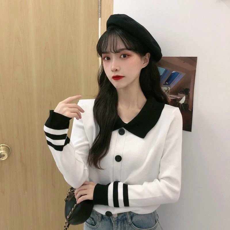 

Women Knit Cardigan Sweater Turn-down Collar Sweater Button-up Striped Cardigan Coat Long Sleeve Loose Naval Style Sweater