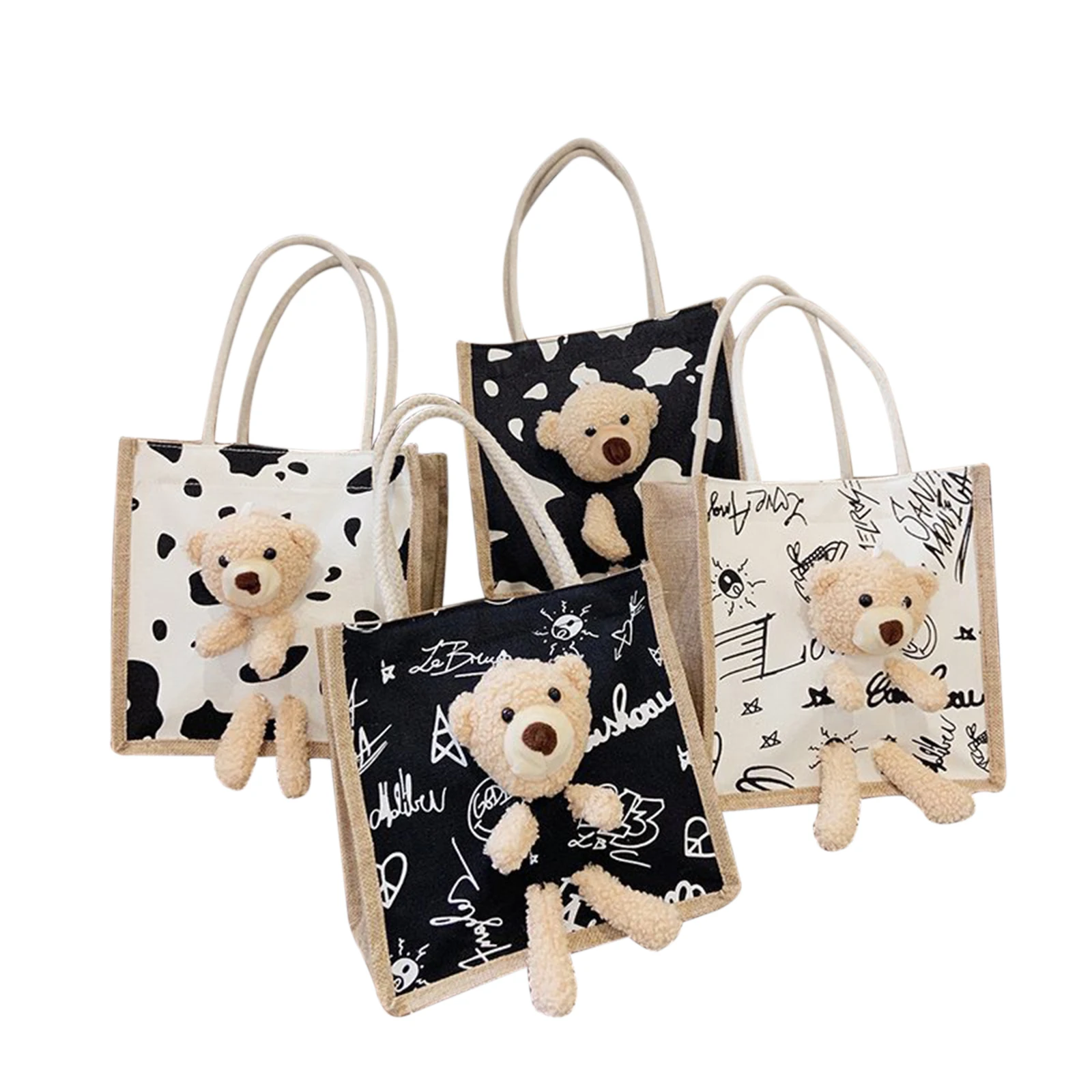 

2021 Hot Women Bags Handbag Cartoon Bear Doll Zipper Pocket Large Capacity Decorative Letters Cow Skin Bag