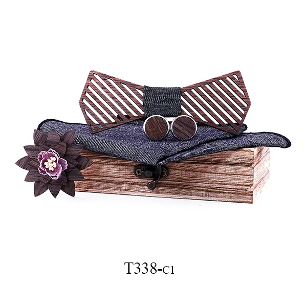 

Men's Wooden Bow Ties Cravat Pocket Square Brooch Cufflinks Set for Mens Handmade Wood Bowtie Wedding Neck Tie Accessories