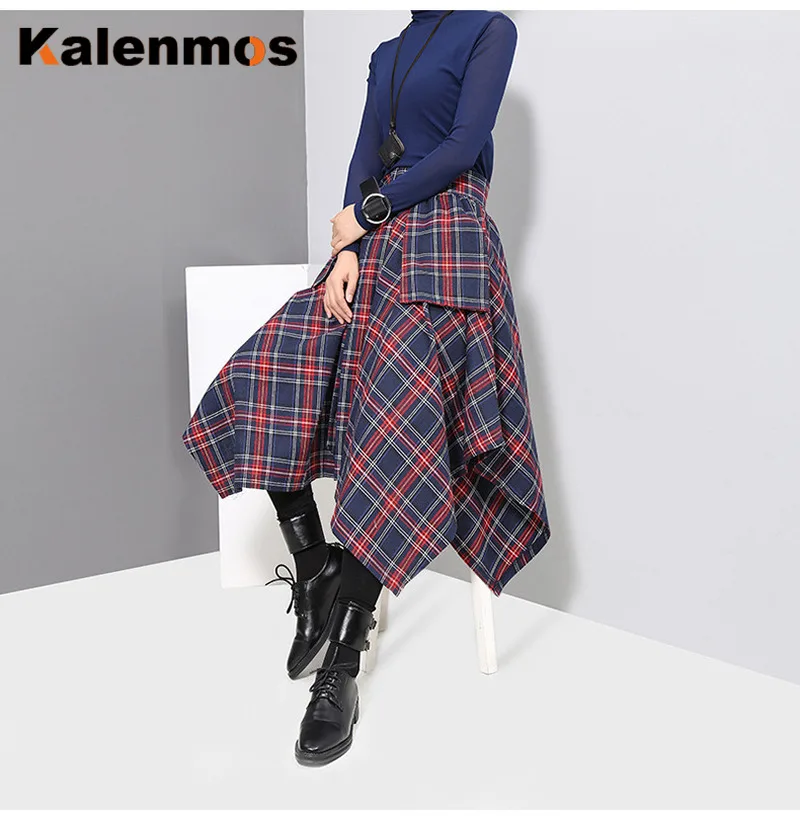 

Skirt Women Asymmetrical Autumn Winter Elegant Belt Casual Loose Big Swing Streetwear Maxi High Waist Plaid Skirt Korean Japan