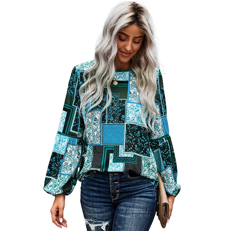 

Chiffon Shirt Women 2021 Spring/Summer New Brightly Printed Lace o-Neck Pullover Long Lantern Sleeve Blouse Casual Lady Tops