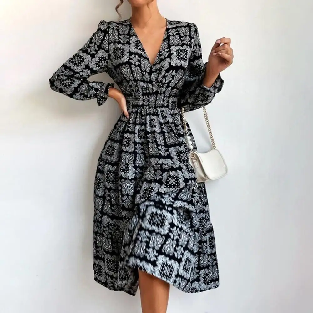 

Women Dress Autumn V-Neck Elastic Waist Slim Casual Dress Large Hem Ethnic Style Retro Print Midi Dress Holiday Sundress