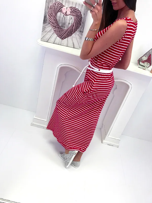 2019 модное повседневное женское длинное платье в черную и красную полоску